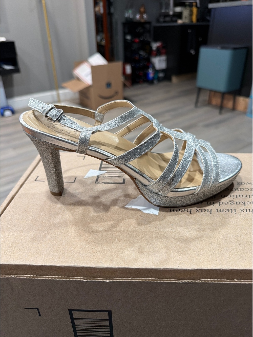 Naturalizer Silver Glitter Strappy Heels, Size 9W